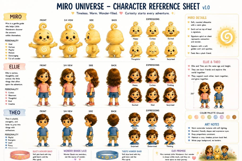 Miro Universe character reference sheet featuring Miro, Ellie, Theo, Wonder Bands, and the brand color palette